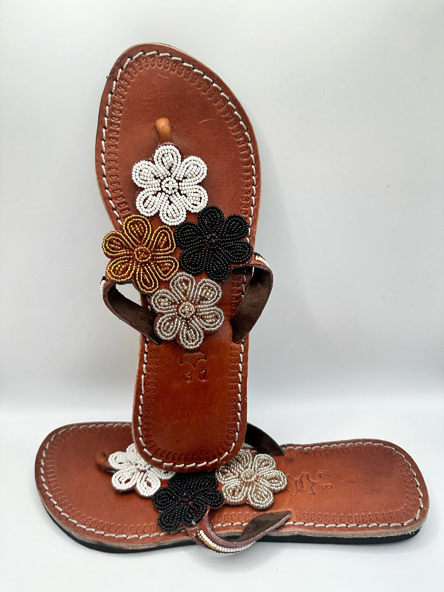 Women’s African Maasai Beaded Sandals Size 6.5 - Handmade Leather Boho Shoes