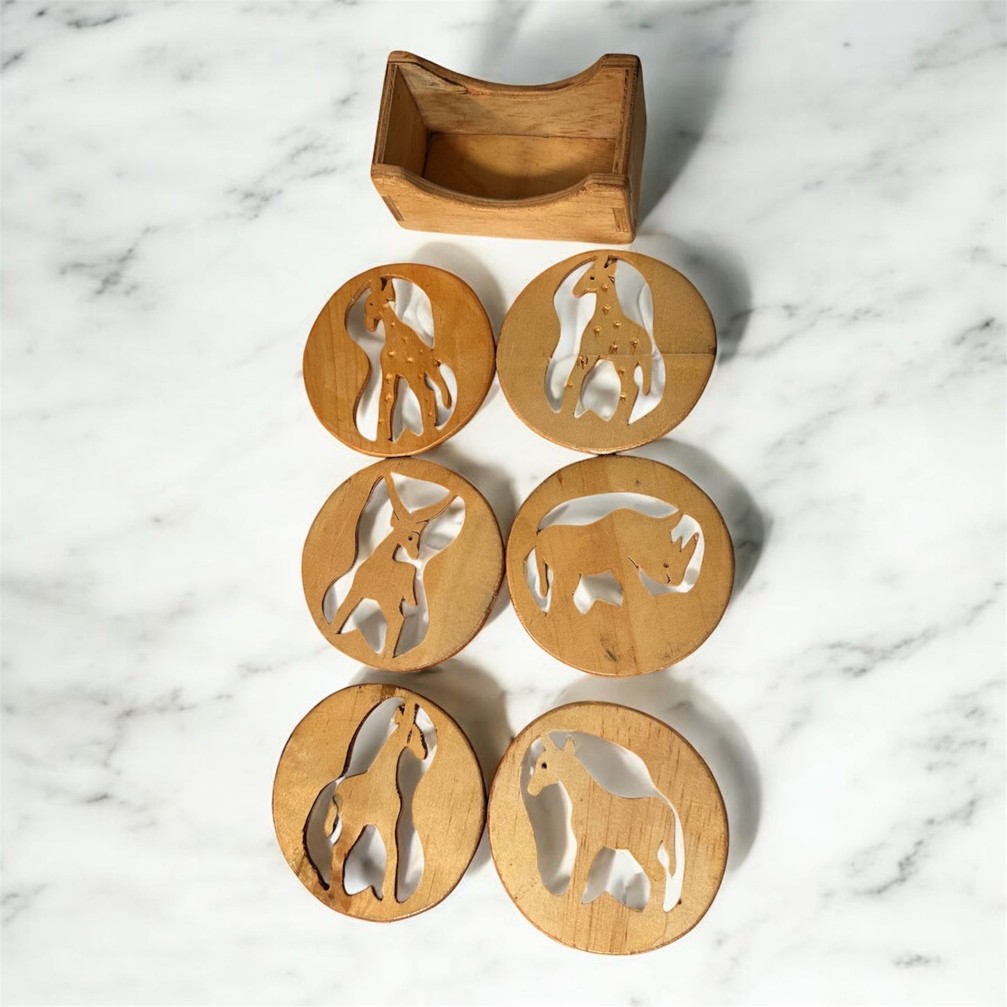 6-Piece Handcrafted Wooden Animal Coaster Set – Cutout or Engraved Design