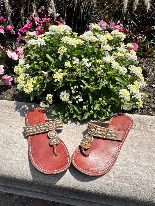 Women’s African Maasai Beaded Sandals Size 8.5 - Handmade Leather Boho Shoes
