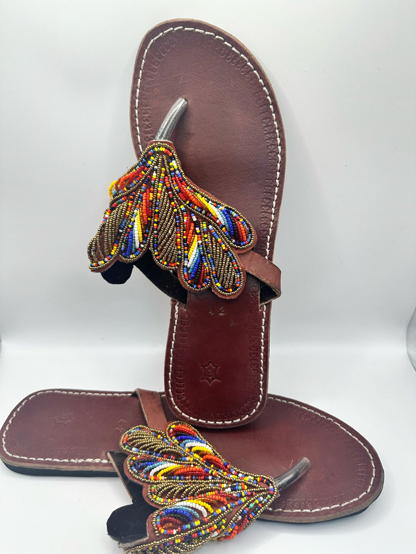 Women’s African Maasai Beaded Sandals Size 10 - Handmade Leather Boho Shoes