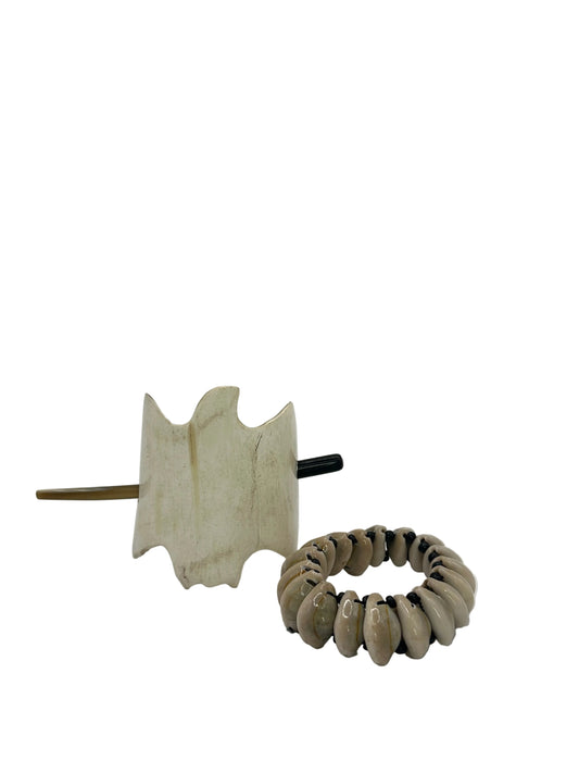 Upcycled Cow Horn Hair Barrette and Cowrie Shell Bracelet Gift Bundle | Minimalist East African Jewelry Set