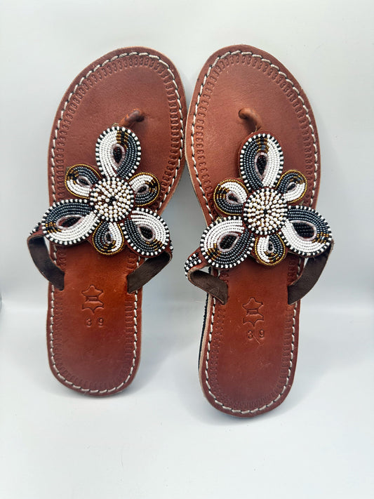 Women’s African Maasai Beaded Sandals Size 8.5 - Handmade Leather Boho Shoes