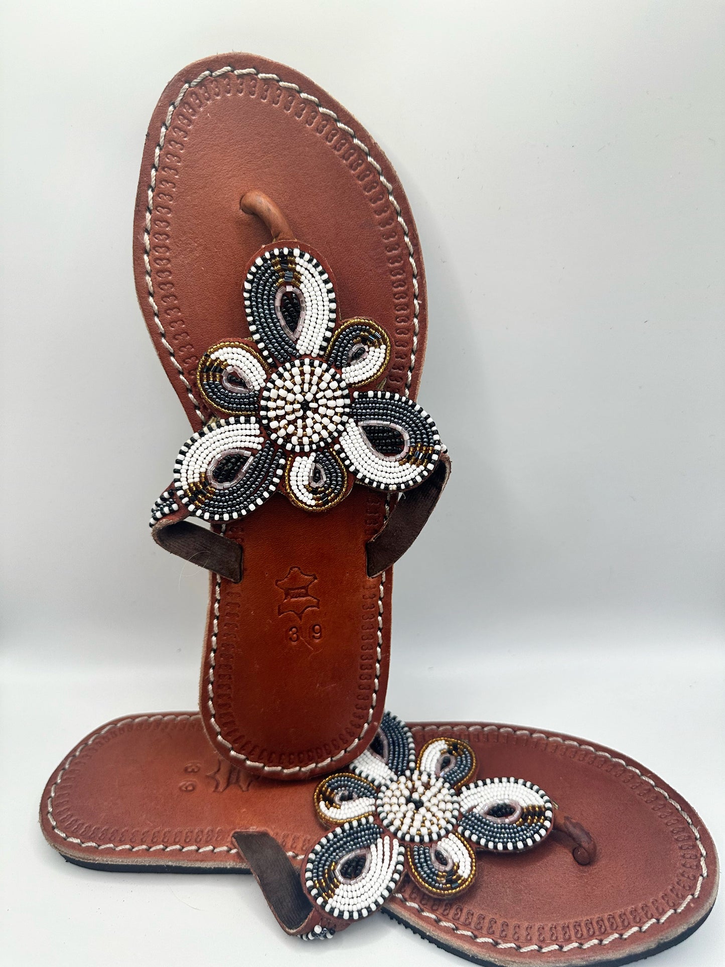Women’s African Maasai Beaded Sandals Size 8.5 - Handmade Leather Boho Shoes